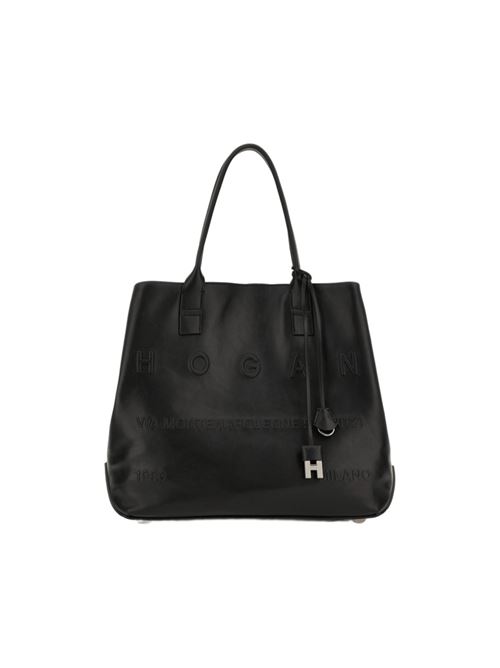 Borsa shopping da donna in pelle con l'indirizzo del brand in rilievo tono su tono, colore nero HOGAN | KBW01TA0300TZPB999